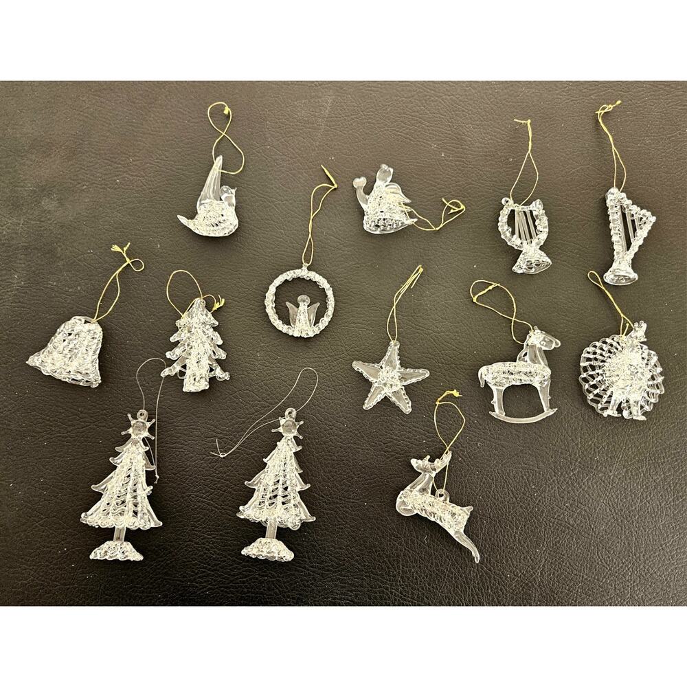 Vintage Lot Of 13 Clear Spun Glass Christmas Ornaments Tree Harp Bells Star